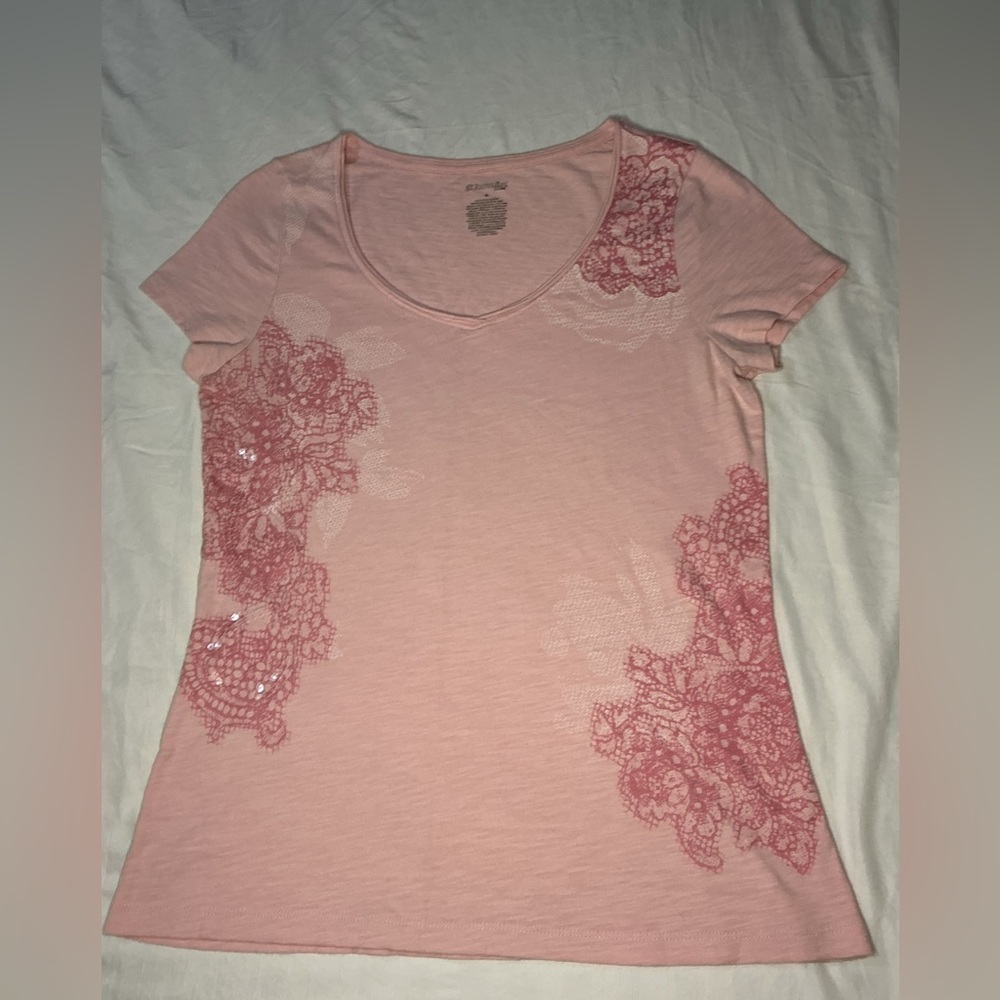 Women's Blush Pink Lace-Accent Short Sleeve Tee